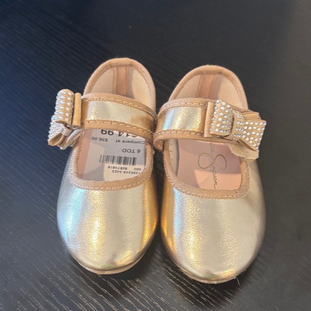 Jessica Simpson Gold Kids Dress Shoes with Rhinestone Bow